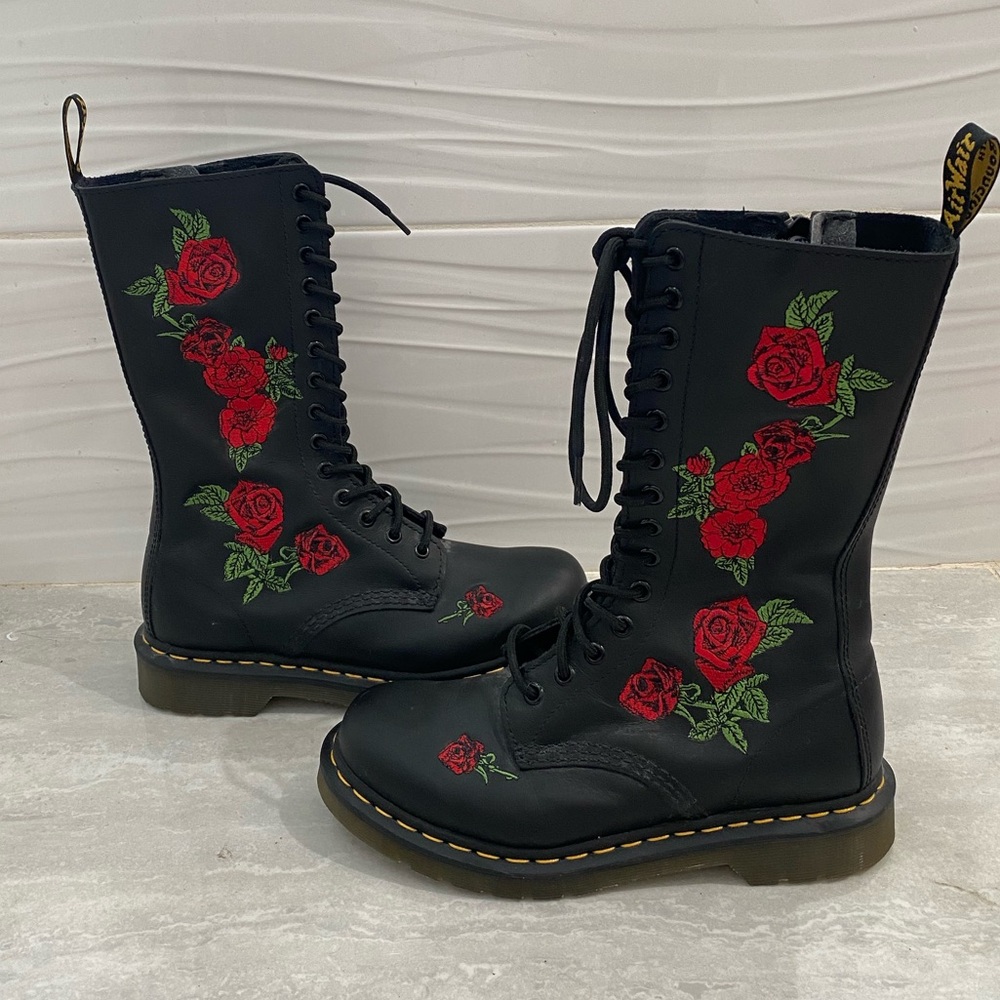 Dr. Martens Black and Red Combat Boots with Floral Design